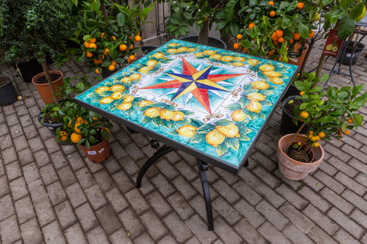 Handgefertigter Keramik-Tisch "Zitronen-Kompass bunt"
